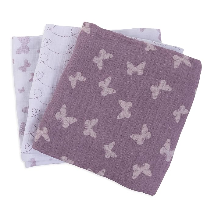 Ely's & Co. Muslin Swaddle Blankets for Baby Girls – 3 Pack, 47" x 47" Lavender Butterfly Design, 100% Soft Muslin Cotton
