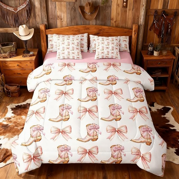 7 Pieces Western Cowgirl Comforter Set Full,Pink Bowknot Cowgirl Boots Rustic Farmhouse Bedding Set,Bow Tie Geometric Patchwork Golden（Comforter+Fitted+Flat Sheet+2 Pillowcases+2 Throw Pillow Covers）