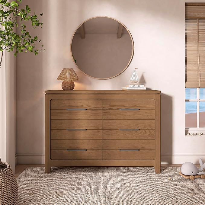 Evolur Oakley Double Dresser – 6 Drawer Nursery & Bedroom Dresser, Solid Poplar Wood Storage Organizer, Hickory Finish, Durable Modern Design