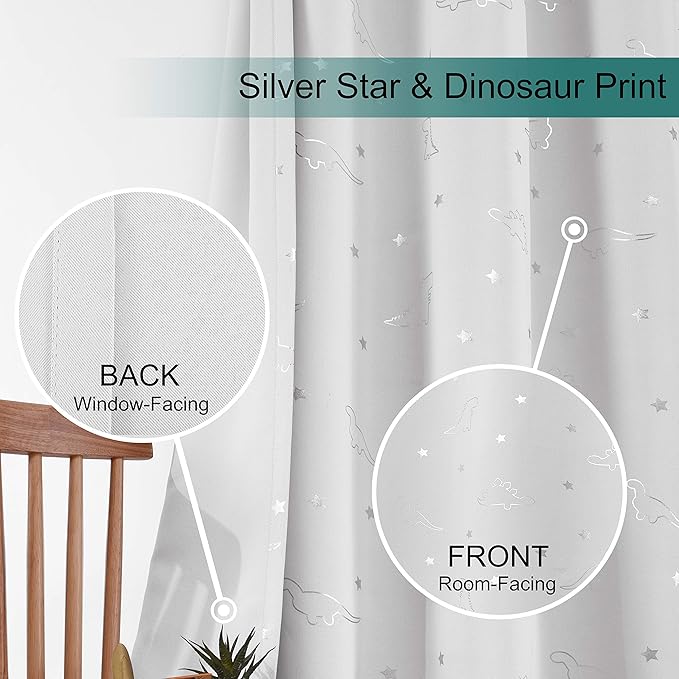 LORDTEX Dinosaur and Star Foil Print Blackout Curtains for Kids Room - Thermal Insulated Curtains Noise Reducing Window Drapes for Boys and Girls Bedroom, 42 x 84 Inch, White, Set of 2 Panels