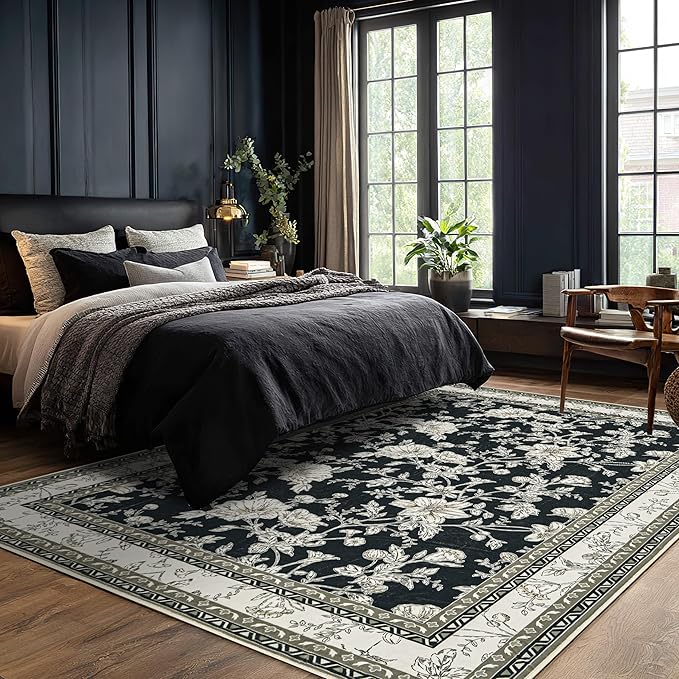 Extra Large Black Area Rug for Living Room 10x14, Floral Dining Room Rugs for Under Table, Washable Soft Non Slip Low Pile Carpet for Large Bedroom Black with Beige Cream Taupe Floral Design 10 x 14
