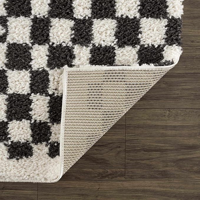 Hauteloom Kieu Contemporary Checkered Fluffy Shag Runner Rug - Modern Geometric Soft Carpet Tiles for Hallway, Kids Room, Nursery - Black, White - 2'7" x 7'3"