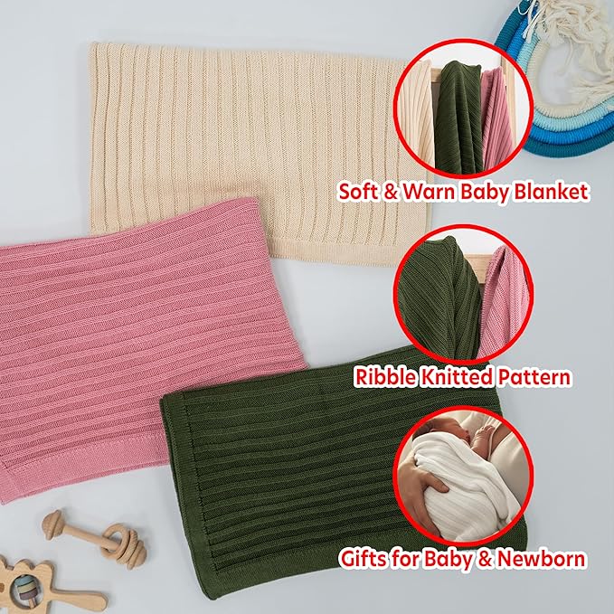 Baby Knit Blanket, 100% Cotton Ribble Patterns, Soft, Cozy, Lightweight Swaddle for Newborn & Infant Swaddling Beige Neutral, Perfect Baby Shower Ideas White 28x36