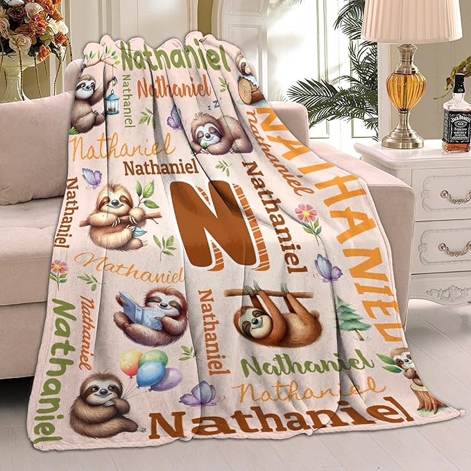 Personalized Custom Sloth Blanket Gifts for Kids Boys Girls with Name - Customized Sloth Super Soft Lightweight Flannel Sheets Decor for Crib Nap Couch - 50"x60" for Teens