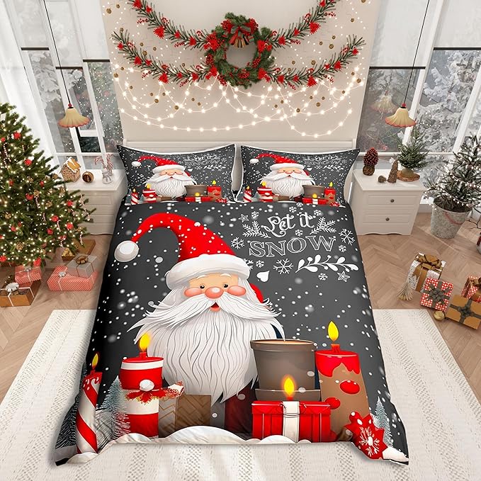 Christmas Duvet Cover Set Full Size Santa Claus with Candles and Gift Boxes Print Bedding Set 3pcs for Kids Boys New Year Theme Comforter Cover Winter Snow Quilt Cover with 2 Pillowcases,No Comforter