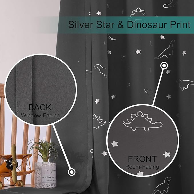 LORDTEX Dinosaur and Star Foil Print Blackout Curtains for Kids Room - Thermal Insulated Curtains Noise Reducing Window Drapes for Boys and Girls Bedroom, 52 x 45 Inch, Dark Grey, Set of 2 Panels