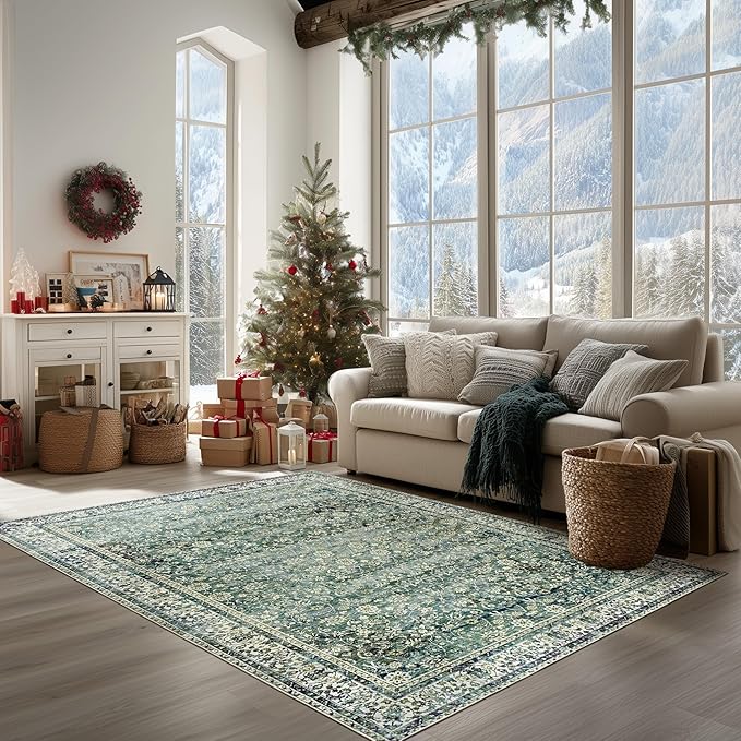 5x7 Area Rugs Washable Rugs for Living Room,Christmas Faux Wool Soft Moody Floral Boho Vintage Oriental Indoor Carpet Rug for Bedroom,5 by 7,Dark Emerald Green