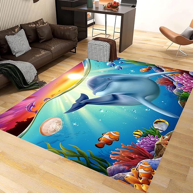 Blue Dolphin Area Rug for Bedroom, 5x7ft, Undersea Ocean Animal Print Indoor Carpet, Beach Tropical Fish Home Decor Playing Mat, Low Pile Breathable Non Shedding Rugs for Kids Room