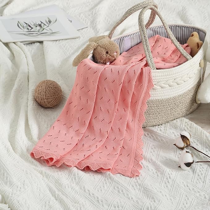 Baby Blanket 100% Cotton Knit Swaddle Soft Newborn Receiving Blanket Cozy for Boy/Girl Crib,Stroller Pink 40x30in