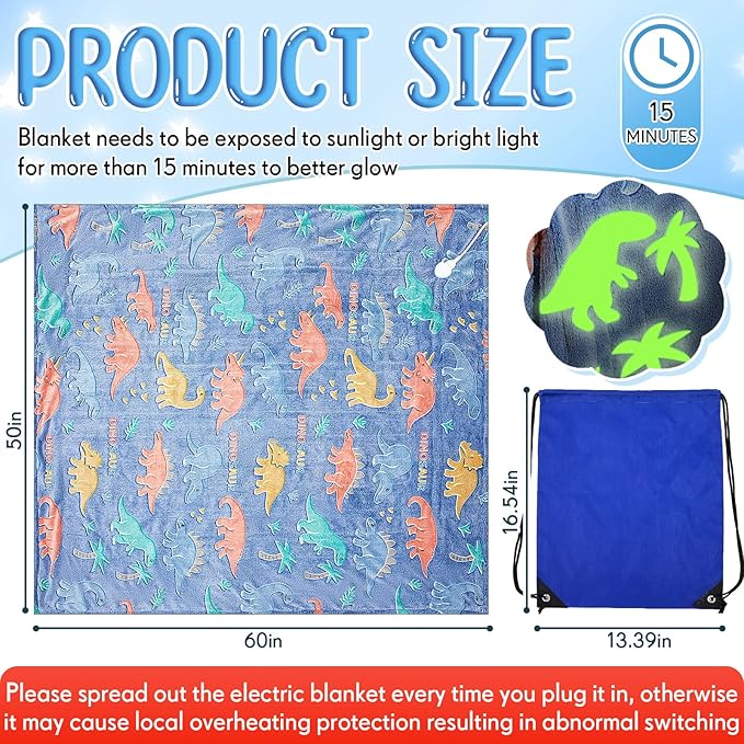 Kids Heated Blanket Glow in The Dark Dinosaur Heating Blanket Girls Boys Children 50"x60" Electric Blankets with 10 Heating Levels & 8 Hours Auto Off Etl Certified Machine Washable