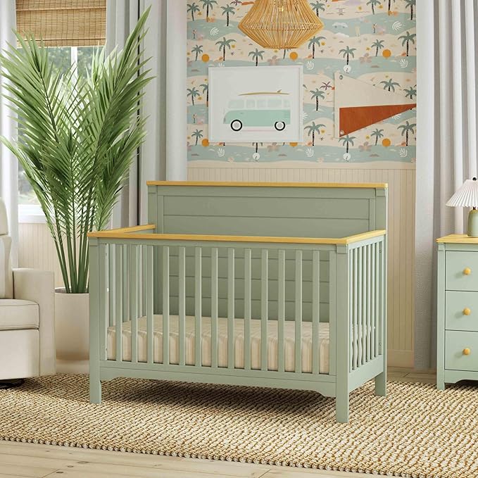 daVinci Shea 4-in-1 Baby Crib Convertible to Toddler Bed, Daybed, Full-Size Bed - FSC, GREENGUARD Gold Certified Wood Crib, Conversion Kits Sold Separately - 4 Adjustable Heights, Light Sage and Honey
