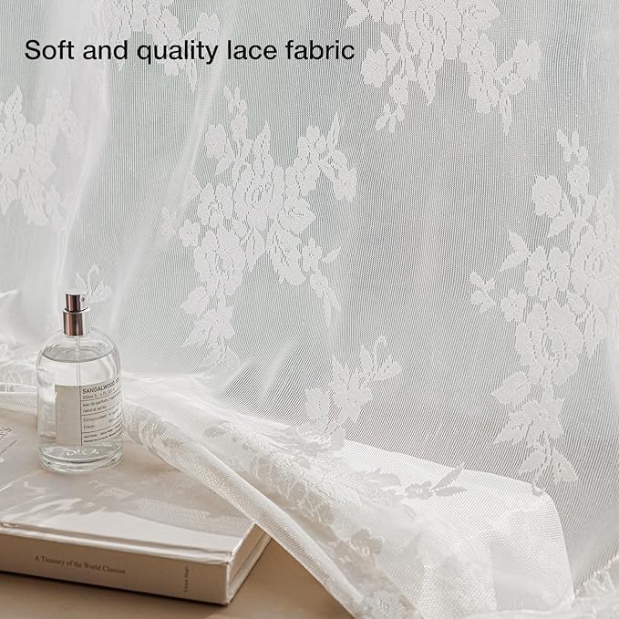 Anmao Vintage Lace Curtains 102 Inches Long 2 Panels, Romantic Elegant Light Filtering Semi Sheer Floral Thick Lacy Curtain Drapes for Living Room and Bedroom, Each Panel 55W x 102L, White Rose