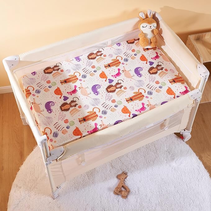 TILLYOU Mini Crib Sheets Fitted 2 Pack, Pack and Play Sheets for Toddler Mattress, Soft and Breathable 38”x 24” Pack n Play Mattresses Cover, Animal Graffiti & dot Printing