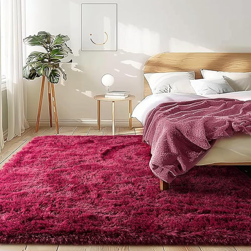 4x6 Rug - Non-Slip Rugs for Living Room - Height Pile 1.4" Plush Rug - Fluffy Throw Carpet for Bedroom - Burgundy