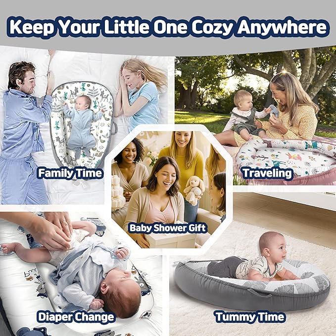 Baby Lounger for Newborn 0–24 Months, Baby Pillow & Baby Nest Lounger, Organic Cotton Breathable Infant Pillow, Portable Baby Nest for Home & Travel (Light Grey)