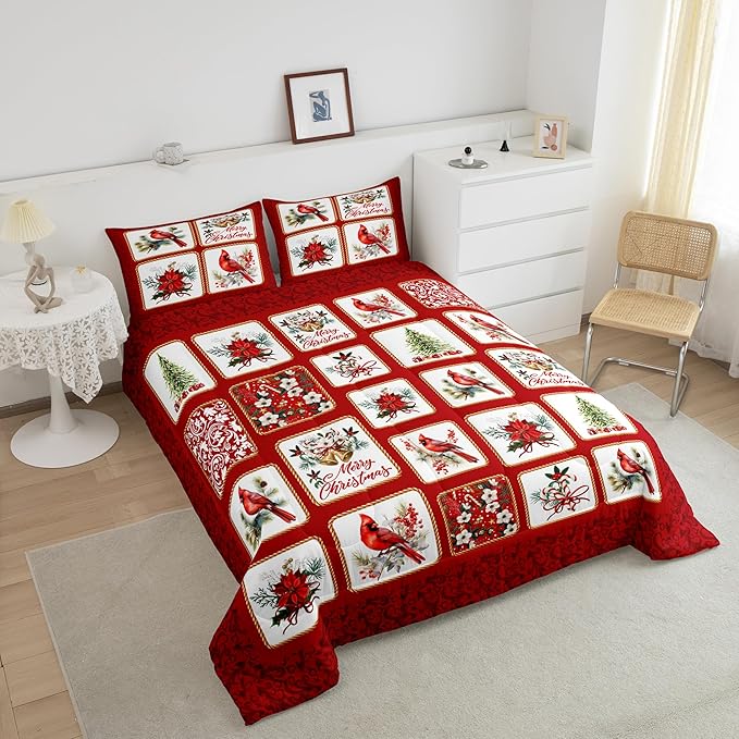 Castle Fairy Merry Christmas Full Size Comforter Set,Red Patchwork Xmas Themed Plaid Bedding Comforters Bedroom Collection,Cardinals Berries Bells Floral Pine Bedding Set for Girls Teens