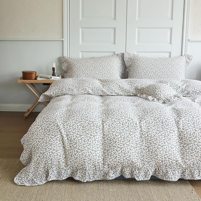 BuLuTu Chic Shabby Blue Floral Print Duvet Cover Queen, Double-Layer Cotton Muslin Comforter Cover with Ruffles, Kids Teens Bedding Quilt Covers,90"x90", Zipper Closure, No Pillow