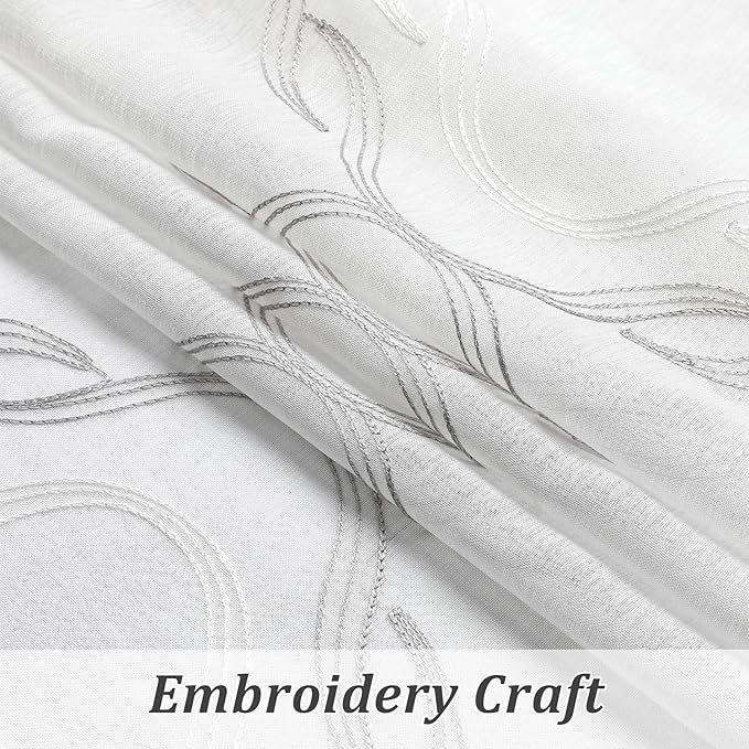 VISIONTEX Sheer Curtains 72 Inches Long 2 Panels Set, Grey and Ivory Moroccan Embroidery Texture Geometric Rod Pocket White Voile Tulle Semi Window Treatment Pair for Bedroom, W54 x L72