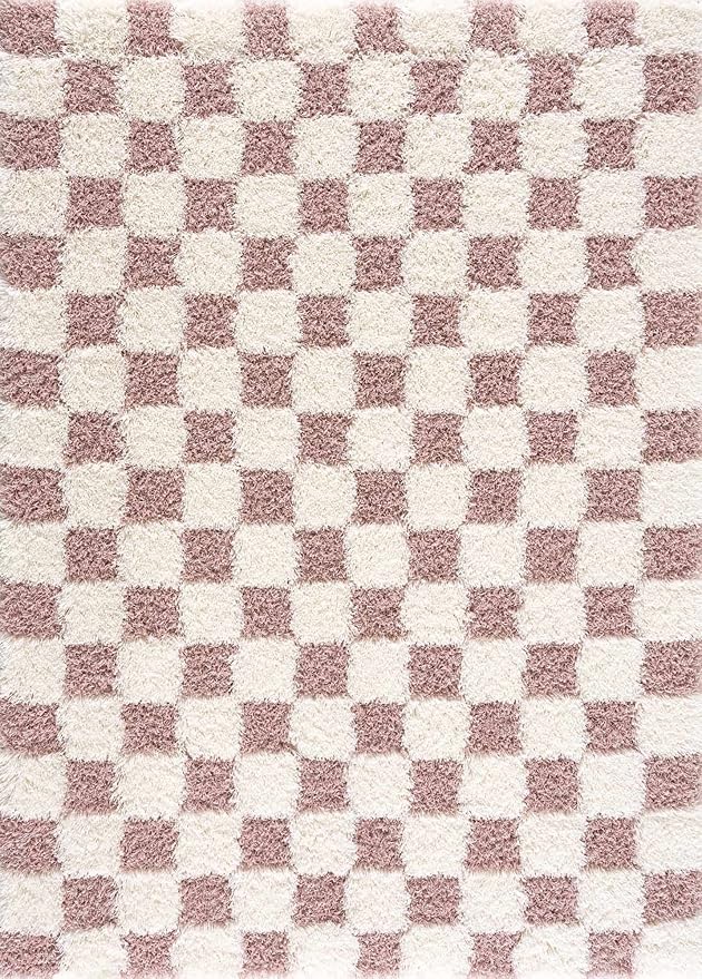 Hauteloom Atira Contemporary Checkered Fluffy Shag Area Rug - Modern Geometric Carpet Tiles for Living Room, Kids Room, Nursery - Plush Pile - Pink, Cream, White - 7'10" x 10'3"