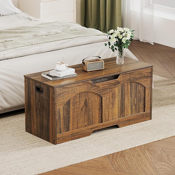 Storage Bench, 39.4" Retro Storage Trunk, Storage Chest with 2 Safety Hinges, U-Shaped Cut-Out Pull, Farmhouse Style, 39.4" x 15.7" x 18.3", Entryway Storage Bench, Supports 330 lb, Rustic Brown