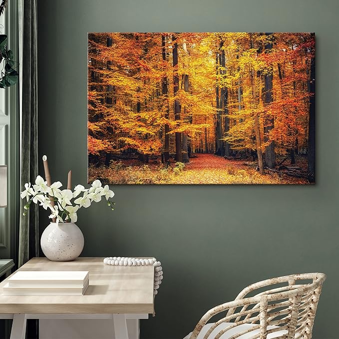SIGNWIN Canvas Print Wall Art Golden Red Autumn Tree Leaf Forest Trail Nature Wilderness Photography Modern Art Rustic Landscape Relax/Calm Multicolor for Living Room, Bedroom, Office - 16x24