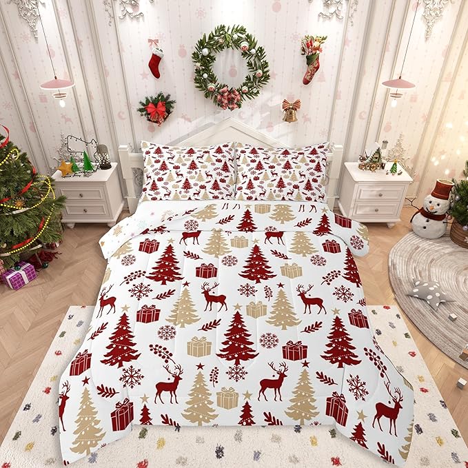 Feelyou Christmas Comforter Set All Season Xmas Tree Bedding Set with 2 Pillow Cases Reindeer Microfiber Kids King Bedclothes Snowflake Gift Bedroom Decor Duvet Quilt Breathable Soft Lightweight