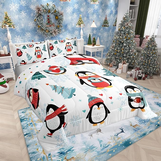 Cartoon Penguin Bedding Set for Boys Girls,Winter Snowflake Happy Xmas Theme All Season Cozy Comforter Set Full Size,Christmas Tree Duvet Set Bedroom Decor,Festival Gifts