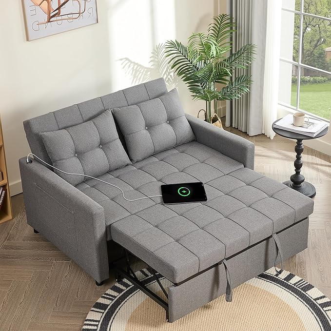 52" Sleeper Sofa with Pull-Out Bed, 3-in-1 Convertible Sofa Bed, Loveseat with Stepless Adjustable Backrest and Side Pocket, for Living Room Dorm Apartment, Linen, Light Gray