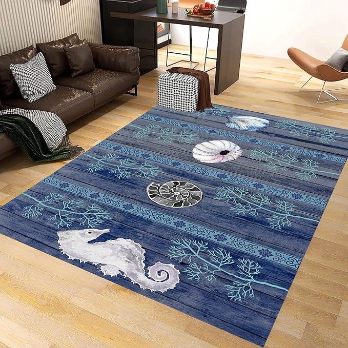 Nautical Living Room Rug, 5x7ft, Ocean Theme Conch Shell Seahorse Indoor Rugs, Beach Waterweed Kitchen Decor Mats, Durable Shed Resistant Cozy Easy Clean Carpet for Bedroom Family