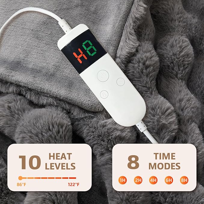 Heated Blanket Electric Throw, 50" X 60" Heated Blanket with 10 Heat Levels 8 Hours Auto Off, Faux Rabbit Fur Bubble Electric Blanket