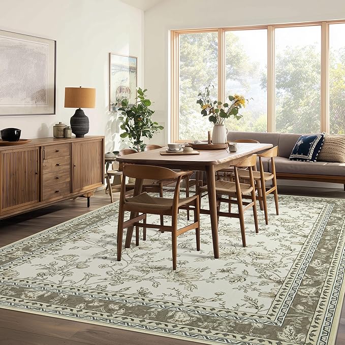 Large Neutral Beige Area Rug 9x12 for Living Room Earth Tone Cream Taupe Tan Pattern Modern Boho for Bedroom Soft Vintage Area Rug Farmhouse Floral Carpet for Dining Room Guest Bedroom Home Decor
