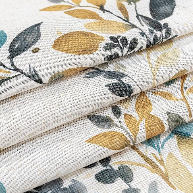MYSKY HOME Curtains for Living Room Semi Sheer 72 inch Length Light Filtering Privacy Protect Drapes Set Linen Blended Texture Soft Touch Leaves Pattern Treatment, 52" Wide, Yellow and Blue, 2 Panels