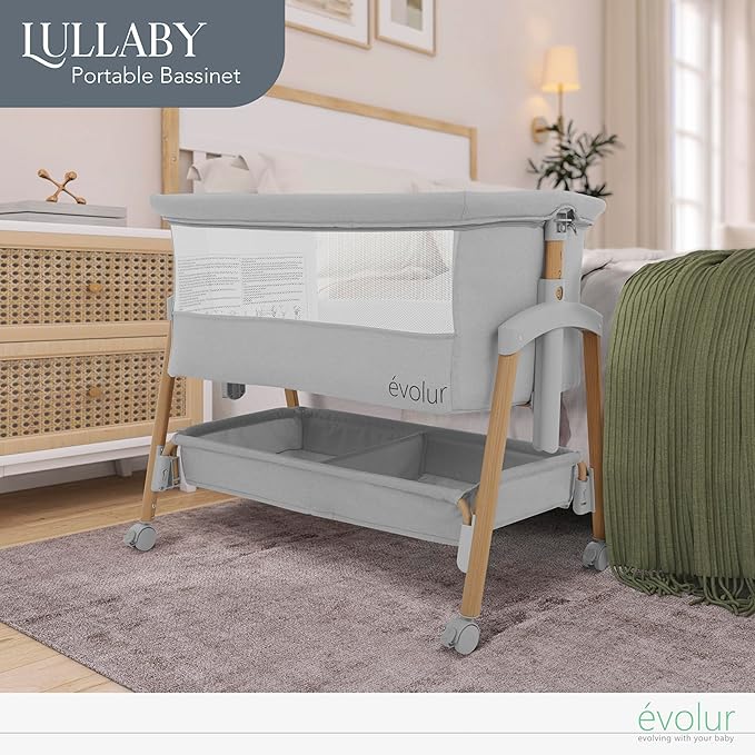 évolur Lullaby Portable Bassinet with Wheels, Adjustable Bedside Sleeper, Breathable Mesh Sides, Large Storage Basket, Easy Fold, and Travel Bag Included, Perfect for Newborns & Infants - Light Gray