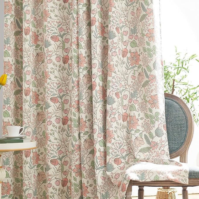 jinchan Nursery Curtains 95% Blackout Pink 90 Inch Long, Spring Floral Curtains for Girls Room, Farmhouse Country Drapes for Living Room, Room Darkening Window Treatments Grommet Top Set 2 Panels