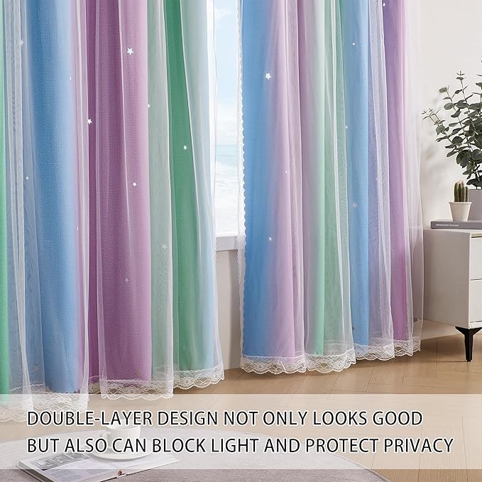 XiDi Green Purple Blue Curtains 72 Inches Long for Girls Bedroom 2 Panels Set, Blackout Rainbow Curtains for Kids Room Decor, Unicorn Wall Decals Drapes for Little Girl Nursery Room 52 Inches Wide
