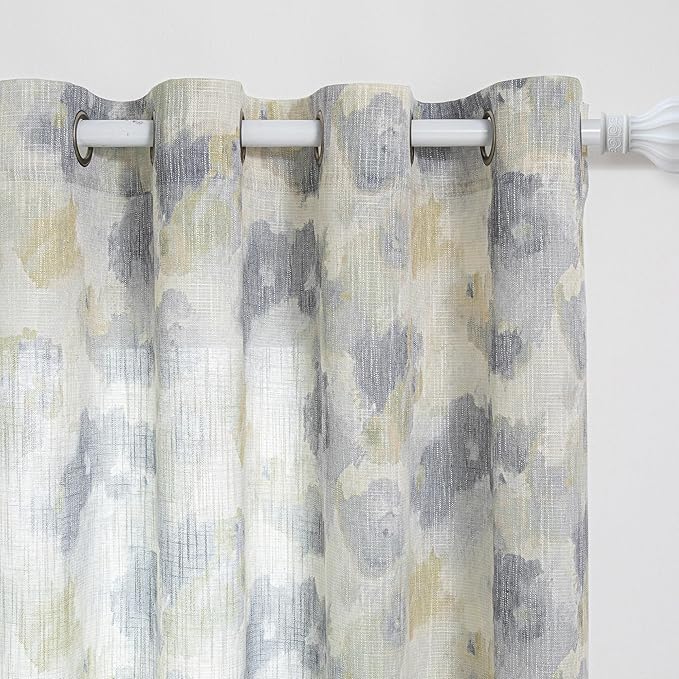 MYSKY HOME Floral Curtains 84 Inch Long for Girls Bedroom, Yellow Curtains for Living Room, Farmhouse Country Light Filtering Grommet Semi Sheer Natural Drapes Grey Colorful Design W52, 2 Panels