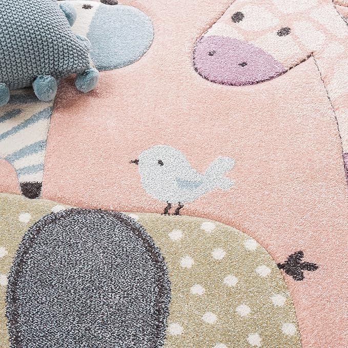 SAFAVIEH Carousel Kids Collection Area Rug - 8' Square, Blush Pink, Geometric Design, Ideal for High Traffic Areas in Living Room, Bedroom, Dining (CRK120U)