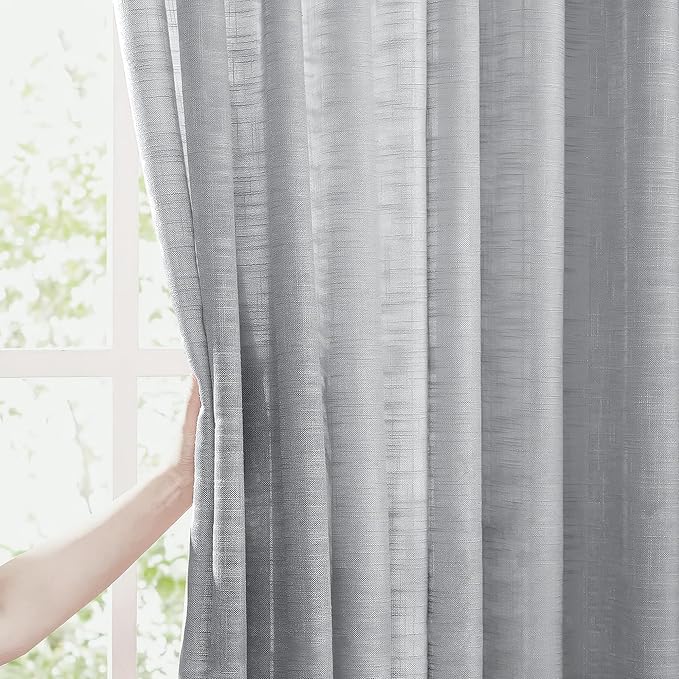 FMFUNCTEX Linen Semi Sheer Grey Curtains for Bedroom Living Room, Gray Curtains 96 Inches Long Sheer Linen Textured Window Drapes Farmhouse Light Filtering 2 Panels Rod Pocket