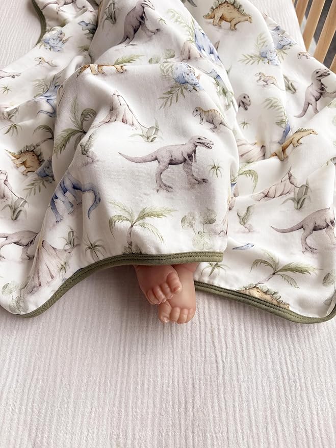Little Jump Dinosaur Muslin Blanket Baby Quilt - Silky Soft and Breathable Crib Blanket for Daycare - Large 47" x 47" - 2 Layers Toddler Summer Blankets for Boys (Dinosaur-2)