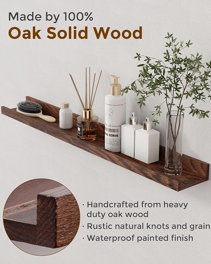 Axeman Oak Picture Ledge Shelf, 72 Inch Floating Shelves Set of 2, Solid Oak Wood Wall Shelves with Lip, Wall Decor Storage for Bedroom Living Room Bathroom Kitchen Nursery Photo Picture, Walnut