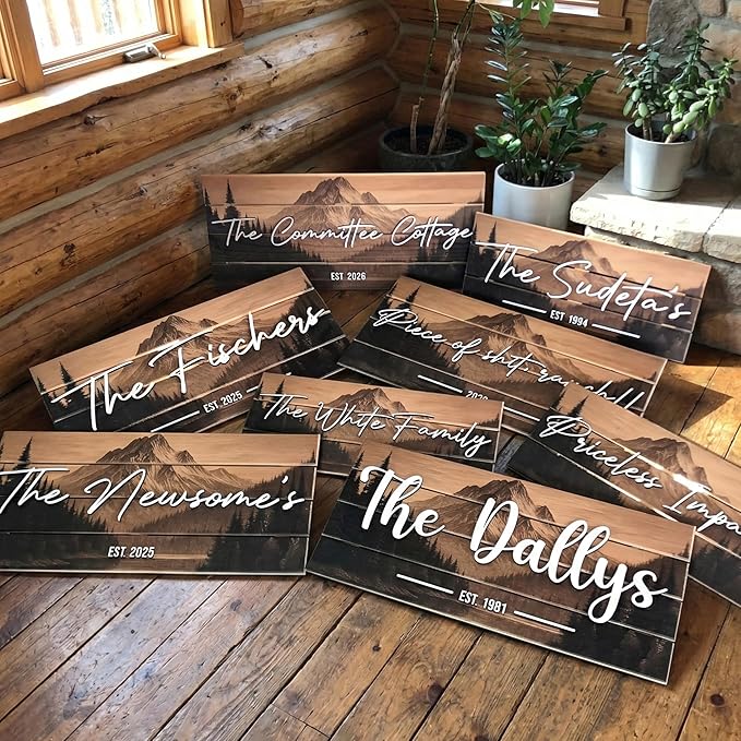 Custom Mountain Family Name Sign - Rustic Wood Wall Decor, Personalized Wedding & Gift for Couples Anniversary, Housewarming Gift for New Home