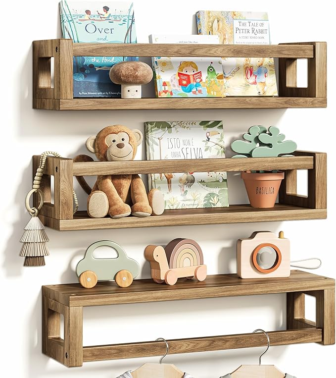 Sturdy Floating Shelves – Set of 3 Wall Bookshelves and Nursery Floating Shelves for Books, Toys, Kitchen, Bathroom, and Home Decor – Walnut Brown