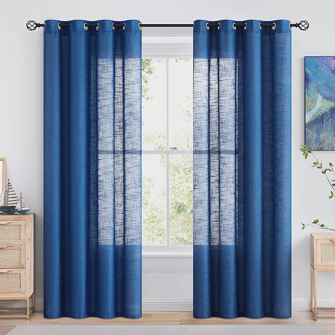FMFUNCTEX Linen Semi Sheer Curtains for Bedroom, Navy Blue Curtains 84 Inches Long for Living Room, Country Farmhouse Sheer Drapes, Light Filtering Window Curtain, Grommet Top 2 Panels