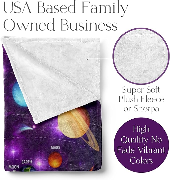 Outer Space Blanket for Kids with Colorful Planetary Solar System, Cute Space-Age Throw for Boys and Girls, Soft and Plush, Early Learning and Educational Fun (, Sherpa - 50x60)
