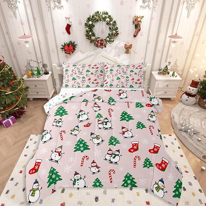 Feelyou Pink Christmas Comforter Set Full Size Snowman Bedding Set for Kids Boys Girls Snowflake Duvet Quilt Xmas Tree Bedroom Decor Microfiber 3 Pcs with 2 Pillow Cases
