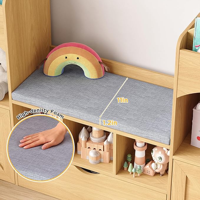 Vabches 54.3’’ Kids Bookshelf with Reading Nook, Toy Storage Organizer with Seat Cushion, LED Lights and 3 Movable Drawers, Castle-Shaped Bookcase with Bench for Playroom, Nursery, Bedroom (Natural)