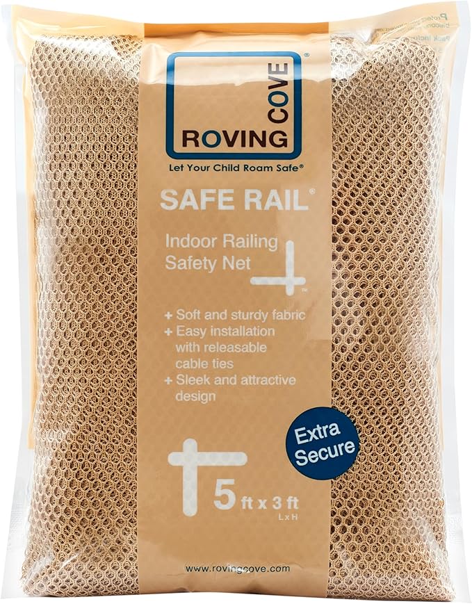 Roving Cove Stair Banister Guard 5ft x 3ft, Railing Safety Net for Baby Proofing, Child Safety Stairway Cover, Balcony Mesh Netting, Almond Brown