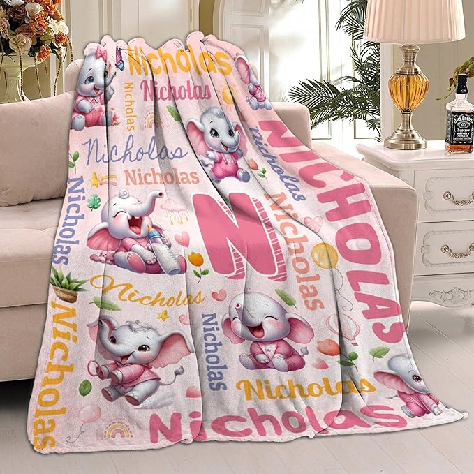 Personalized Custom Pink Elephant Preschool Blanket Gifts for Baby Toddler Kids Boys Girls - Customized Pink Elephant Super Soft Flannel Sheets Decor for Crib Nap Couch - 40"x50" for Kids/Children