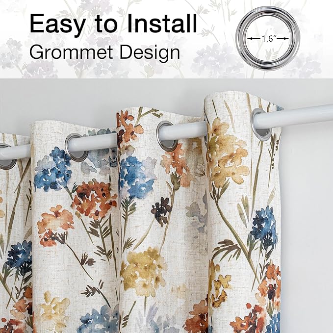 MYSKY HOME 100% Blackout Linen Floral Curtains 102 Inch Long 2 Panels Farmhouse Pattern Printed Double Layer Thermal Insulated Floor Length Window Drapes for Dining Room, Yellow, 52" Wide Each Panel