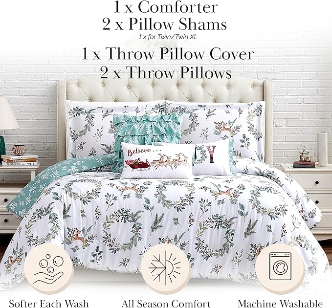 Southshore Fine Living, Inc. 6-Piece Reversible Christmas Bedding Cal King/King, White Christmas Comforter Set King, 2 Shams, 2 Throw Pillows, 1 Throw Plllow Cover, Holiday Bedding - Happy Holidays